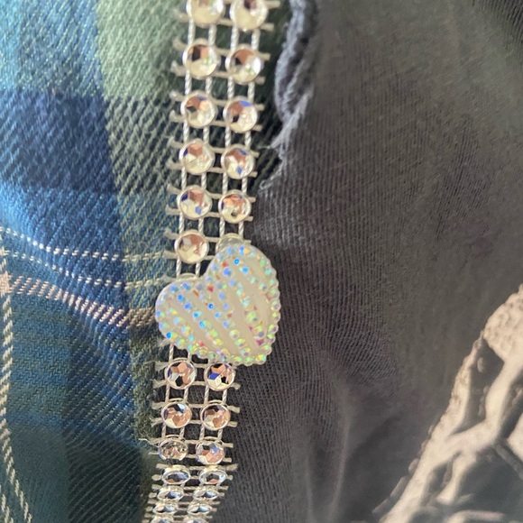 Ac/dc high voltage graphic tee on back of Style & Co. Blue and Green Plaid Shirt - Picture 4 of 9